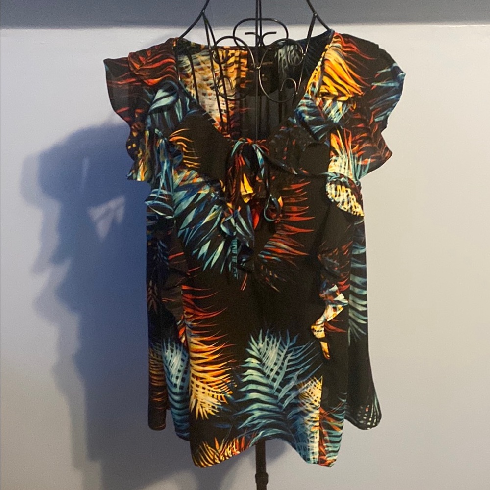 Worthington Blue and Orange Ruffled Tie Front Blouse EUC